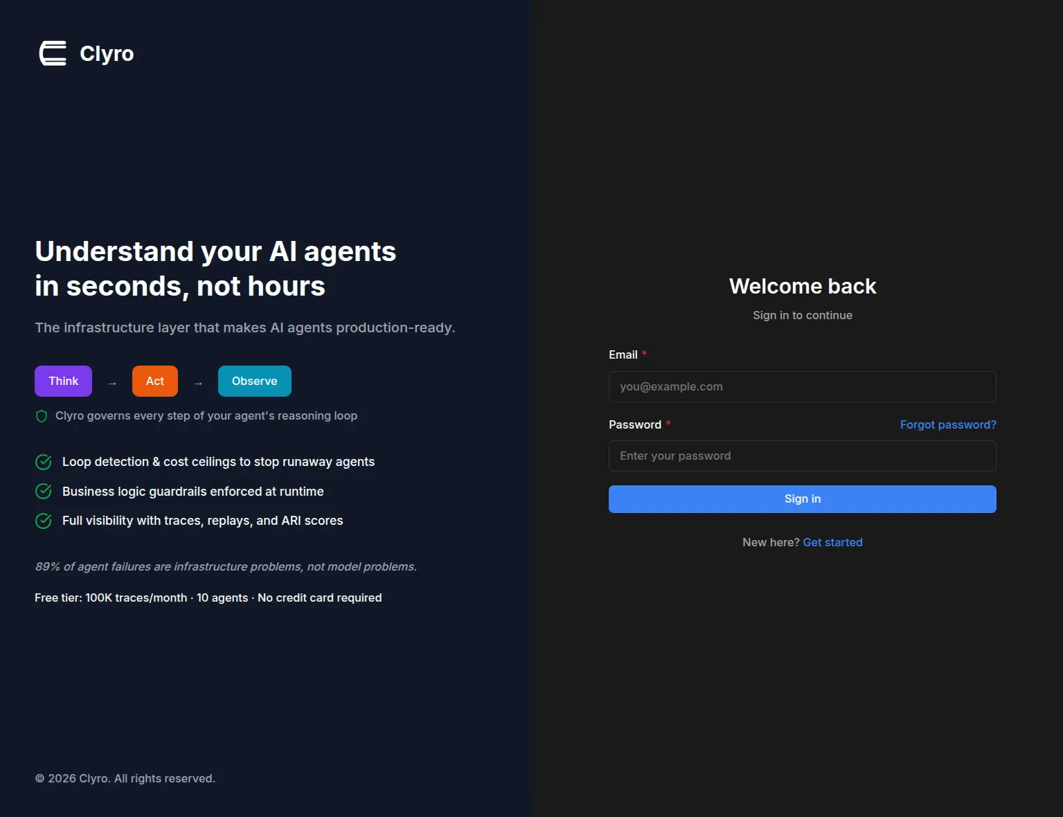 Clyro app: split layout with product value props on the left and sign-in form on the right